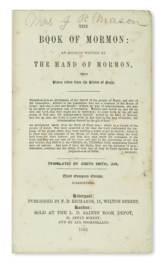 (MORMONS.) Smith, Joseph; translator. Book of Mormon: An Account Written by the Hand of Mormon,